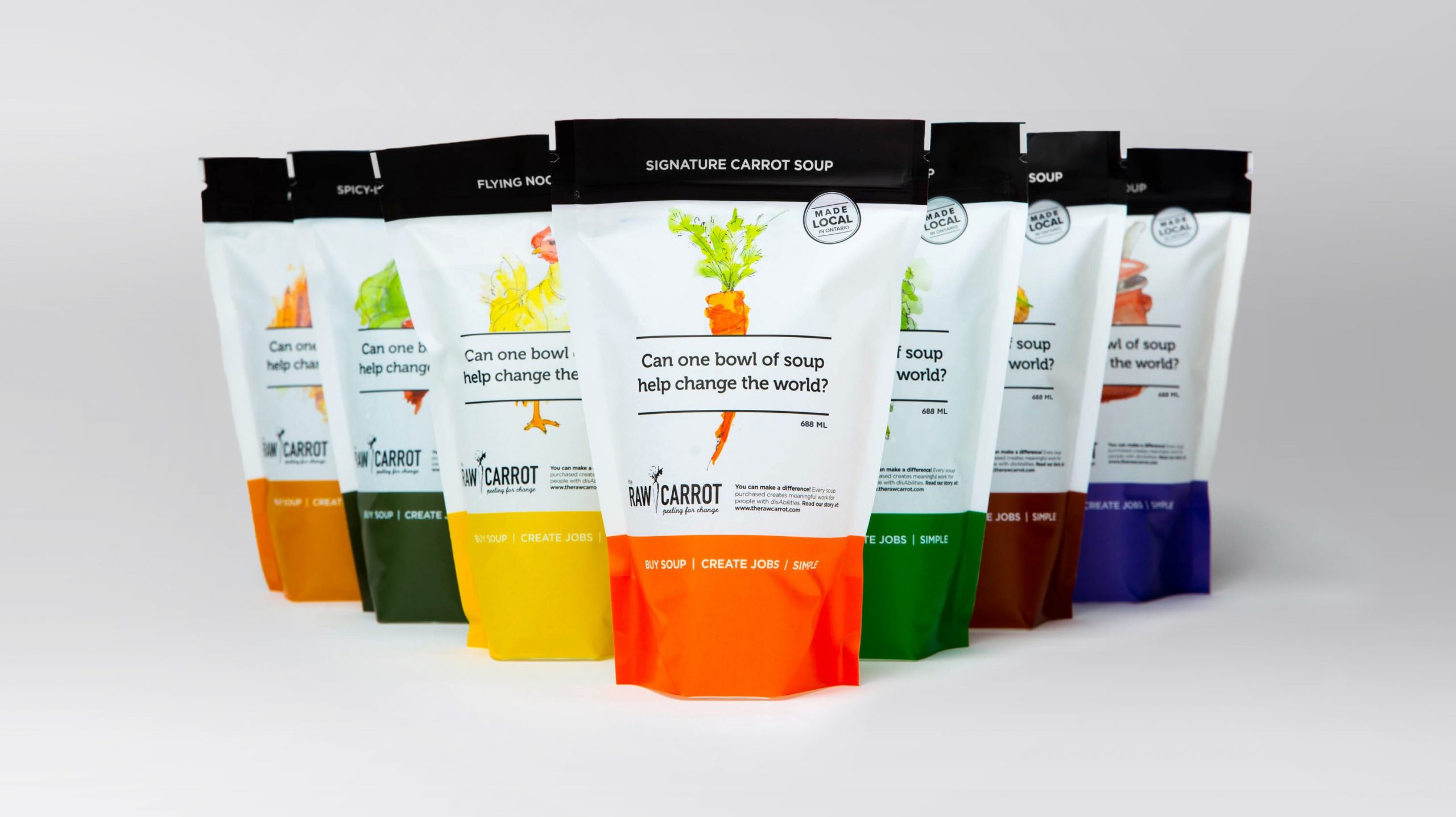 Seven product images of different soup flavors in a line.