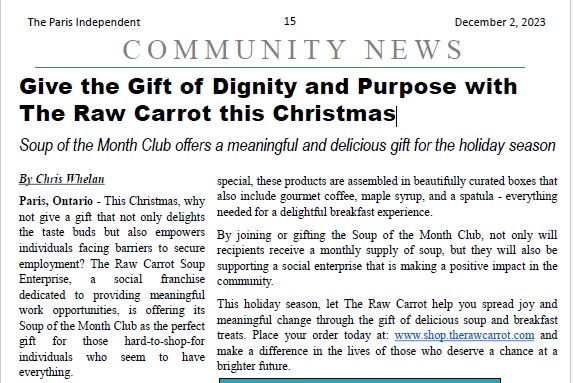 “Give the Gift of Dignity and Purpose with The Raw Carrot this Christmas”